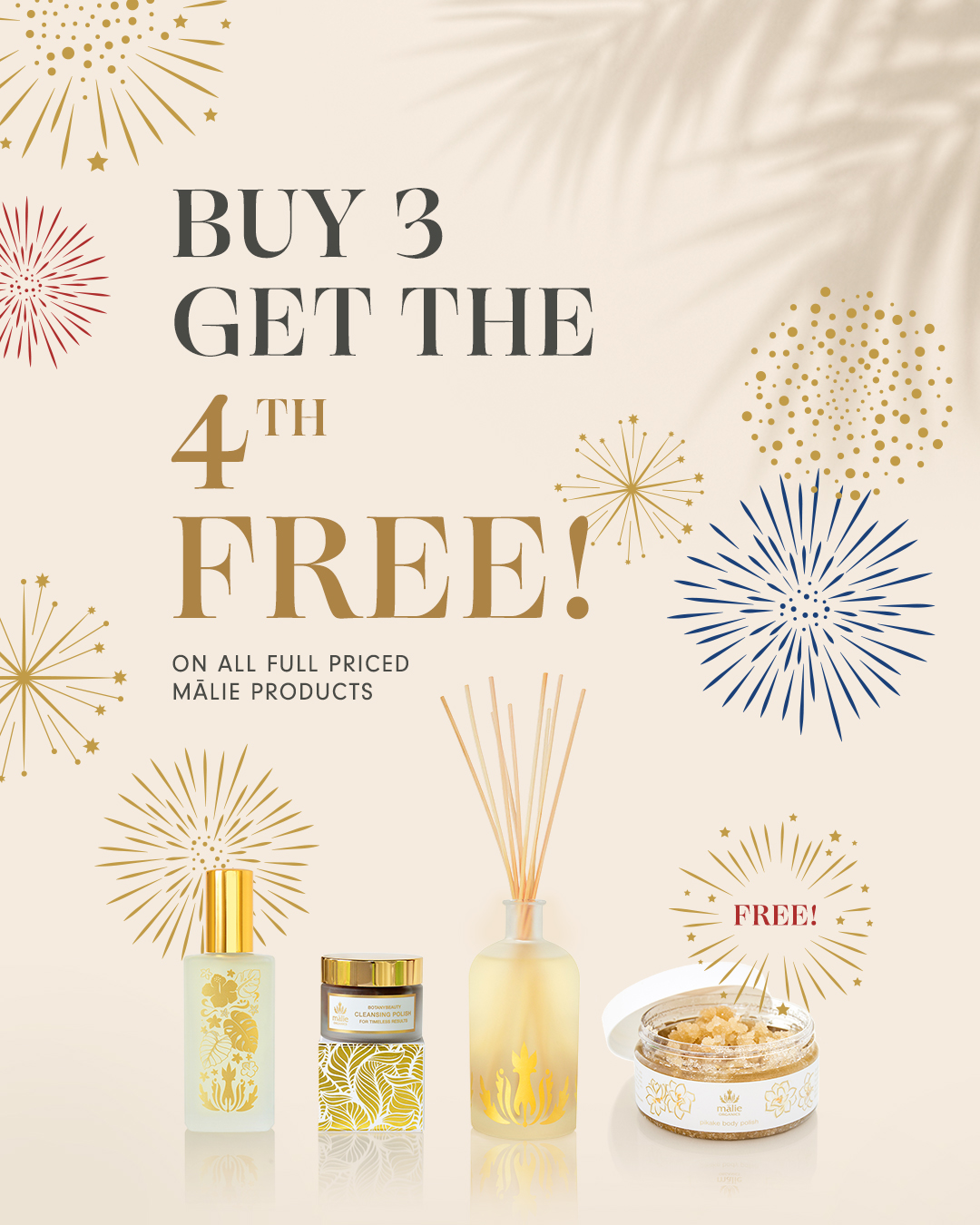 Mālie Buy 3 Get the 4th Free July Fourth promotion