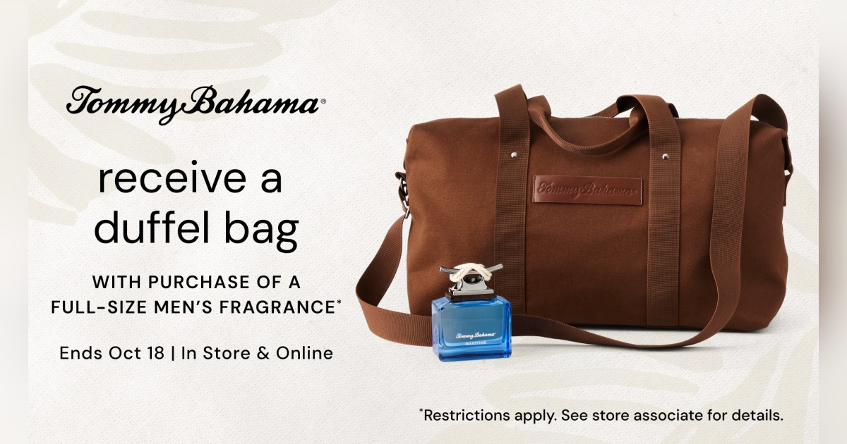 Brown Tommy Bahama duffel bag beside a blue men’s fragrance bottle.